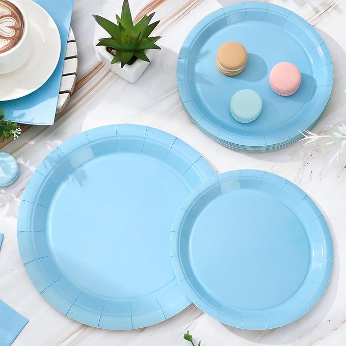 Whaline 100Pcs Light Blue Tableware Set Blue Graudation Party Supplies Summer Disposable Dinnerware Set 50Pcs Paper Plates 25Pcs Napkin 25Pcs Cups for Wedding Birthday Bride Shower Party Table Decor