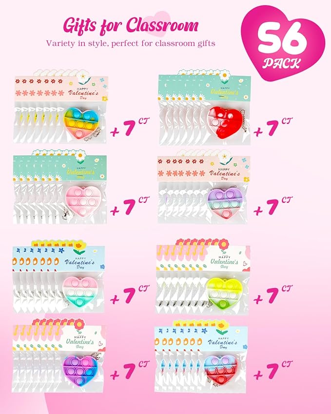 56Pack Prefilled Valentines Day Pop Fidget & Cards Set for Kids Classroom - Mini Heart-Shaped Toys, for School Class Exchange & Party Favors