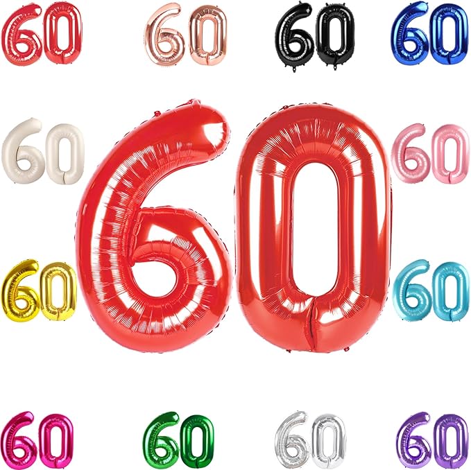 60 Balloon Number, Red Number 60th Birthday Balloons 40 Inch, 60 Years Old Red Birthday Decorations for Men Women, 60th Anniversary Decorations