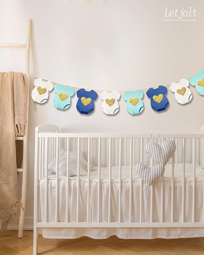 Blue Baby Shower Paper Garland Short-Sleeve Bodysuits Clothesline Garland Gender Reveal Birthday Banner Baby Outfit Pre - Strung Paper Decorations 9 pcs