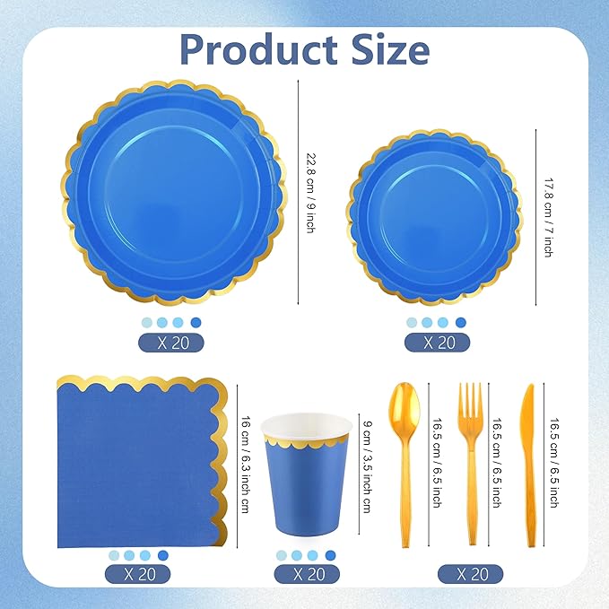 Kochorie 140 PCS Blue Party Supplies for 20 Guests Disposable Dinnerware Set Includes Scalloped Plates Napkins Cup Cutlery Tableware Set for Birthday Party Wedding Baby Shower Picnic