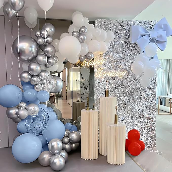Dusty Blue Gray Red Silver Balloon Arch Kit, 141 Pcs Dusty Blue Retro Grey Metallic Silver Red and Silver Confetti Balloons for Birthday Wedding Baby Bridal Shower