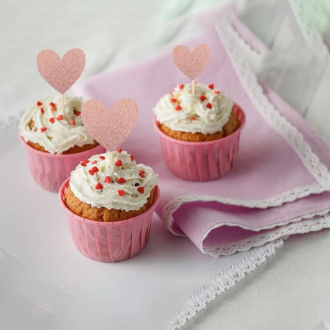 30 PCS Love Heart Cupcake Toppers Glitter Mixed Size Wedding Engagement Cupcake Picks Decorations for Wedding Anniversary Bridal Shower Birthday Valentine's Day Party Supplies Rose Gold
