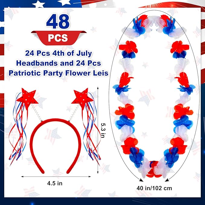 24 Pcs 4th of July Party Accessories, 12 Patriotic Headbands, 12 Independence Flower Leis, Red White Blue Star USA Flag Head Bopper for 4th of July Labor Day Veterans Memorial Day Party Supplies Favor