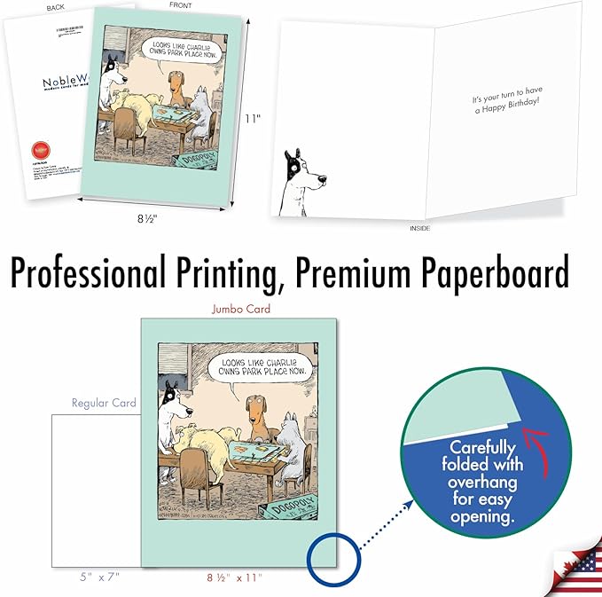 NobleWorks - 1 Big Funny Birthday Card Cartoon (8.5 x 11 Inch) - Jumbo Dog Comic Humor, Group Greeting Card with Envelope - Dogopoly J3986BDG
