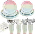 400Pcs Disposable Party Dinnerware Set, Paper Tableware Set, Disposable Party Supplies Happy Birthday Paper Plates, Napkins, Cups, Plastic Forks Knives Spoons Straws Favor for 25 Guests