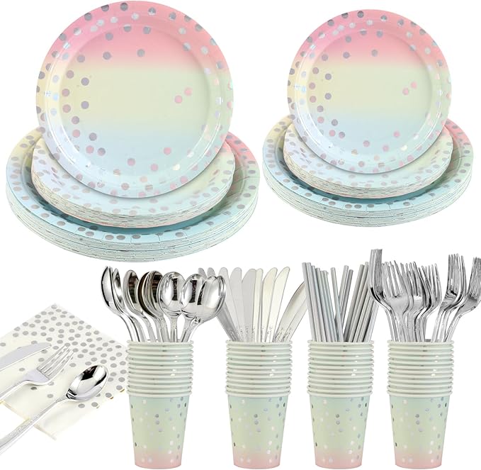 400Pcs Disposable Party Dinnerware Set, Paper Tableware Set, Disposable Party Supplies Happy Birthday Paper Plates, Napkins, Cups, Plastic Forks Knives Spoons Straws Favor for 25 Guests