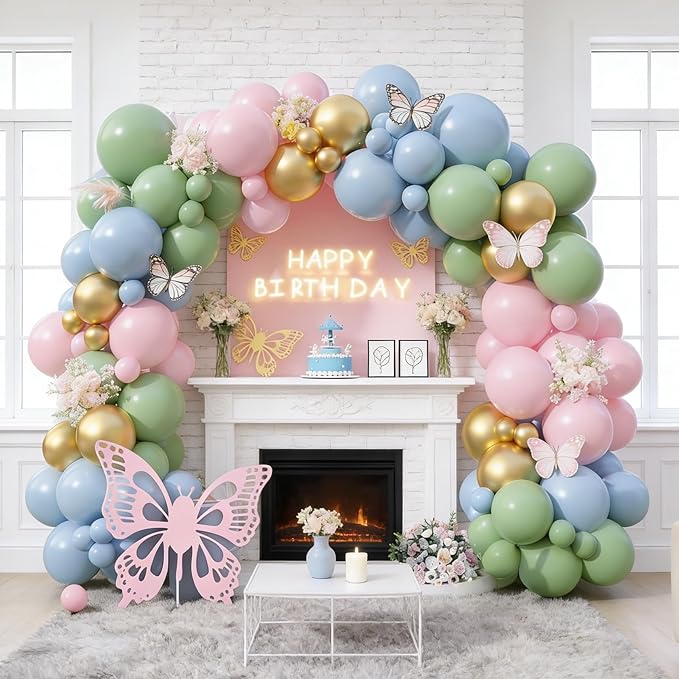 Pink and Green Balloon Arch Garland Kit, Sage Green and Pastel Pink Blue Metallic Gold Balloons, Woodland Balloons for Girls Baby Shower Floral Wonderland Spring Garden Tea Birthday Party Decorations