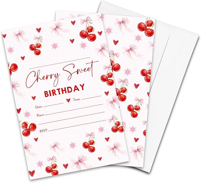 Cherry Sweet Birthday Party Invitations - 20-Pack of 4''x6'' Cherry & Bow Invite Cards with Envelopes, Double-Sided Fill In Birthday Party Celebrate Supplies & Decoration For Girls Women Teens - A02