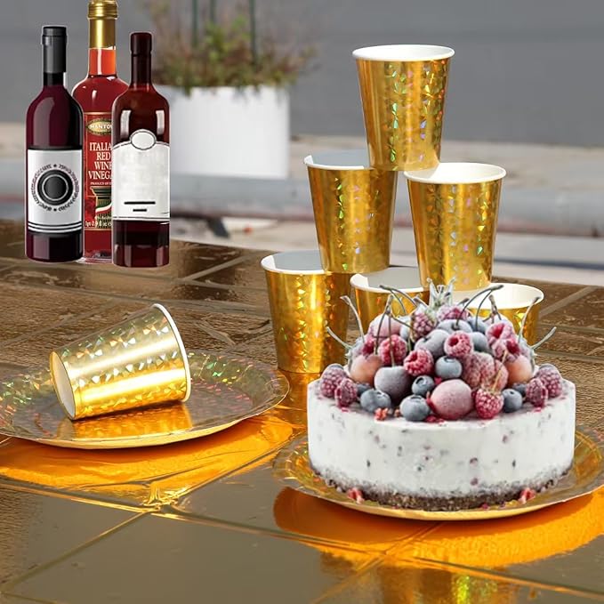 201-piece disposable party tableware set with paper plates, cups, napkins, straws, tablecloths, plastic knives, forks and spoons for a variety of party occasions for up to 25 people (Golden Glass)