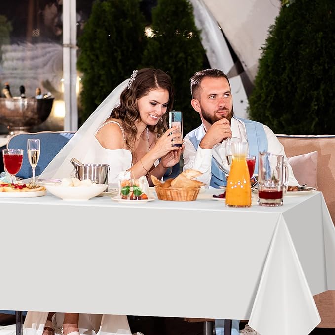 2 Pack White Plastic Tablecloth 54 x 108 Inch Disposable Table Cloth Rectangular Table Cover for Indoor or Outdoor Parties Engagement Wedding Bridal Shower Banquet