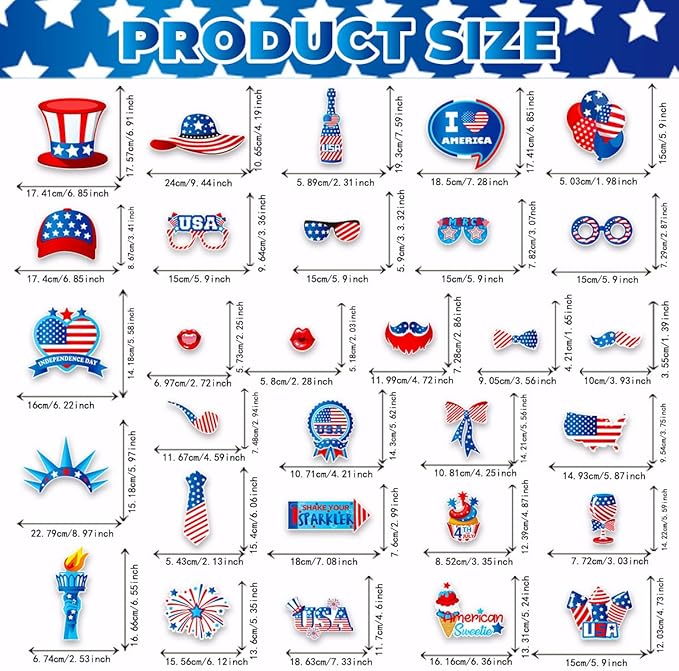 Independence Day Photo Booth Props with Sticks,4th of July Photo Booth Props,Patriotic Party Decorations (25CT)