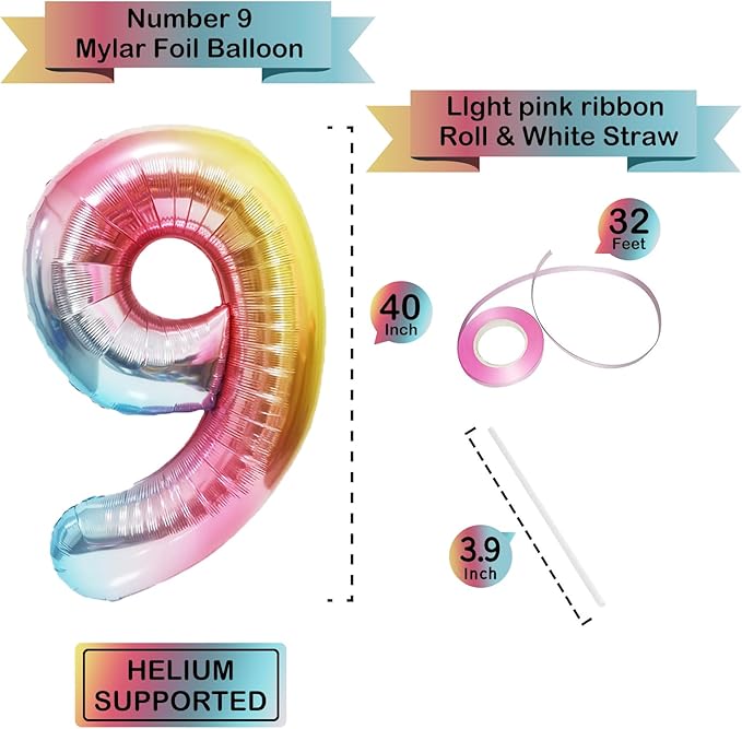 Rainbow Number Balloons Birthday Balloons - Giant Number 9 Balloon 40 inch, Numbers Balloon Birthday Decorations, Rainbow Party Supplies for Baby Shower