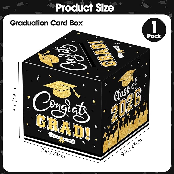 Graduation Card Box 2026 - Congrats Grad Card Boxes Holder, Black and Gold Class of 2026 Gift Cards Box for Graduation Decorations 2026 Favors Party Decor Supplies Props, 9x 9 x 9 inches