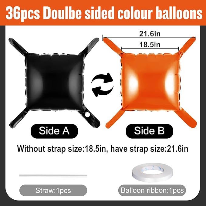 36Pcs Black and Orange Square Foil Balloons Wall Backdrop, Double Sided Metallic Foil Balloons Tunnel Arch Garland Kit for Photo Booth Birthday Wedding Halloween Christmas Party Decorations