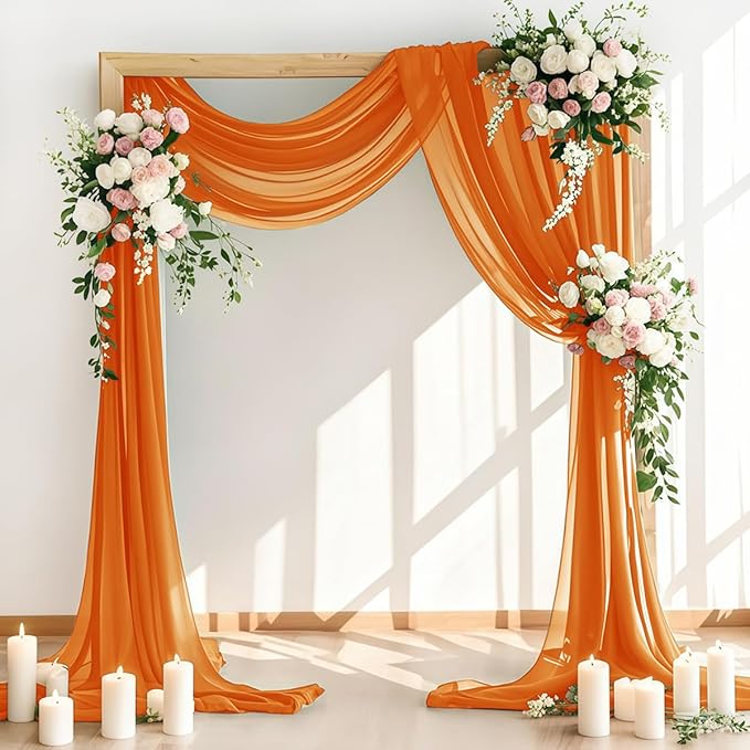 Wedding Arch Draping Fabric 30'' x 18FT Sheer Chiffon Arch Drape Backdrop 2 Panel Orange Drapes for Easter Bridal Shower Baby Shower Photo Booth Church Decor Birthday Party Outdoor Decoration