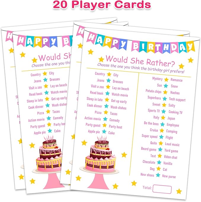 Birthday Girl Party Game - Would She Rather - 20 Game Card Set - Girl Birthday Party Activity Notebook