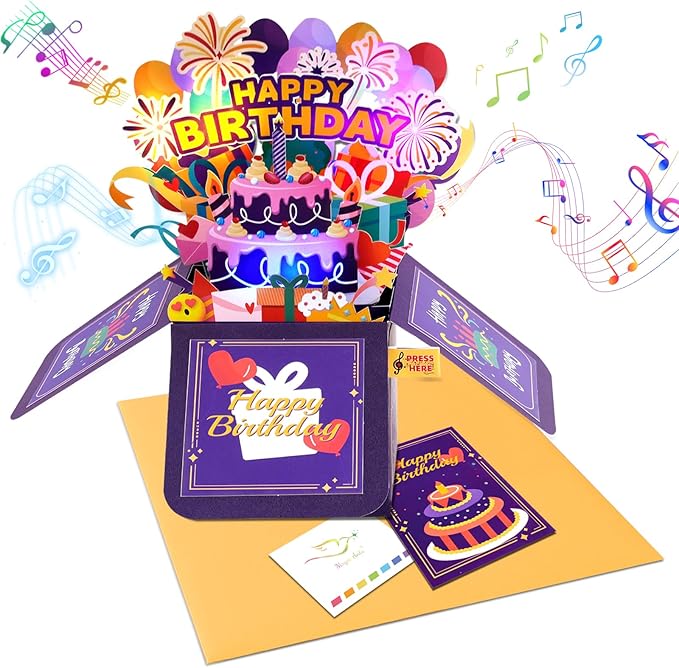 Magic Ants 3D Musical Birthday Card with Lights – Pop Up Gift Box Design, Plays “Happy Birthday” Song, Includes Envelope and Note Cards – Fun Greeting for Kids, Adults, Friends