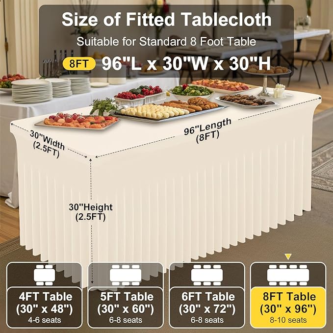 Smiry Spandex Tablecloth, Elastic Fitted Stretch Tablecloth for 8FT Rectangle Tables, Waterproof Washable Table Cover Skirt for Outdoor, Wedding, Banquet & Parties (Beige, 96Lx30Wx30H Inch)