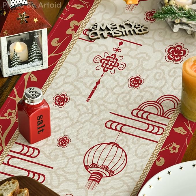 Artoid Mode Paper Cutting Style Chinese Zodiac Horse Happy 2026 Lunar New Year Table Runner, Spring Festival Winter Kitchen Dining Table Decoration for Home Party 13x108 Inch