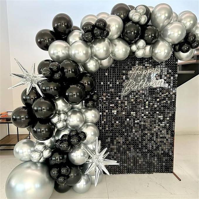 Black and Silver Balloon Garland Arch Kit with 3pcs Star Balloons, Silver and Black Balloon Confetti Latex Balloons for Birthday Wedding Graduation Baby Shower Disco Anniversary Party Decorations