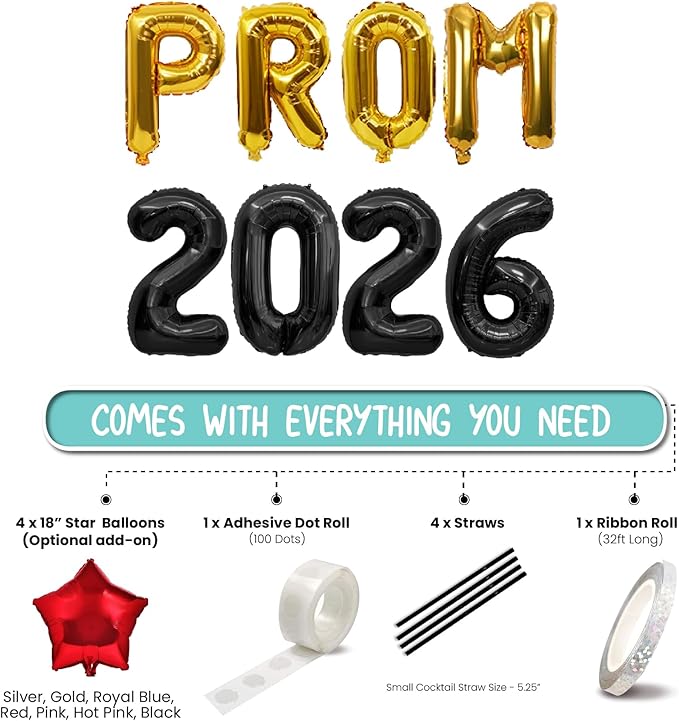 BALLOON VIBE PROM 2026 Balloons - Foil Letter Balloon Décor for Graduation Party - Prom Party Decorations Banner 16" and 40" with Ribbon, Straws & Adhesive Dots