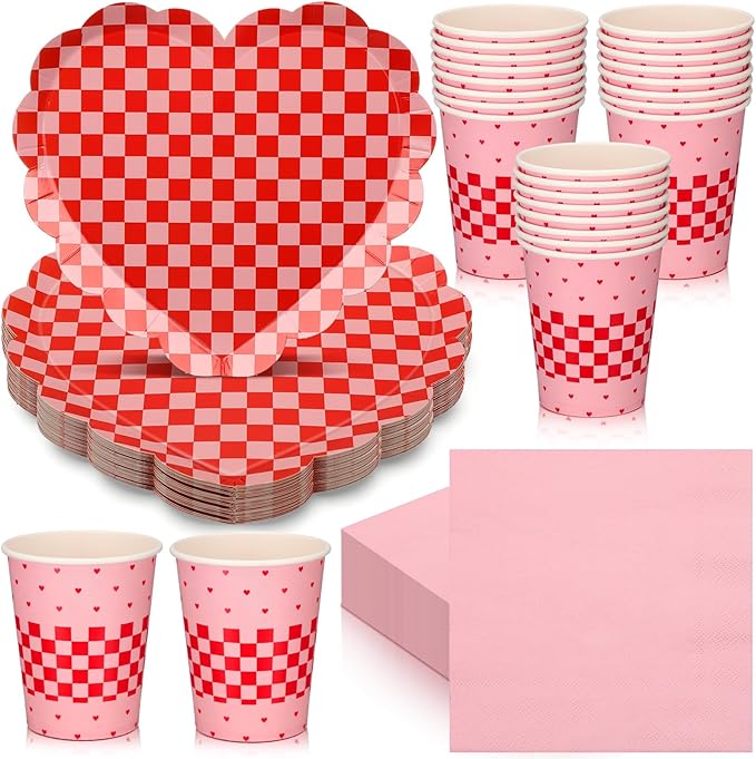 Zhehao 96 Pcs Valentine's Day Party Supplies Set for 24 Guests Red Checked Heart Plates 9 oz Cups Napkins for Valentine Romantic Dinners Wedding Anniversaries Celebrations