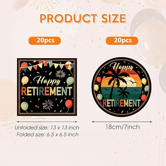 40Pcs Retirement Decorations for Men Women,Colorful Vintage Retirement Party Supplies Table Decor Disposable Retirement Party Plates and Napkins Set for Office Retired Farewell Decor, Serve 20