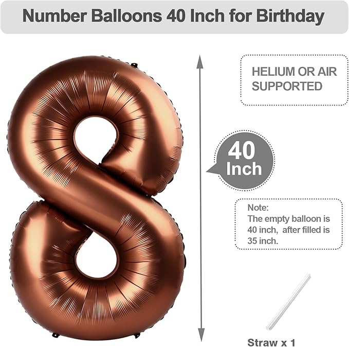 Balloons 8 Numbers, 40 Inch Coffee Brown Fiol Large Ballon for Women And Men, Balloons Decoration for Happy 8 18 28 80 Birthday, Wedding Anniversary, New Year, Halloween Party Decoration