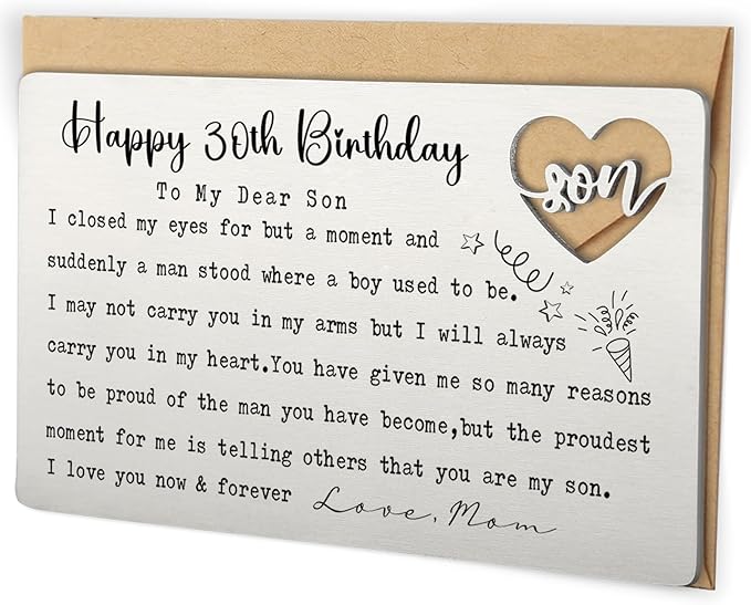 Happy 30th Birthday Wallet Insert for Son from Mom, Stainless Steel Laser-Engraved Postcard with Heart Cutout, Adult Son Birthday Gift, Sentimental Pocket Keepsake for Milestone Celebration QBK11