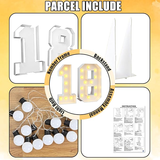 4ft Light Up Numbers 18 Large Numbers with Lights Bulbs White Marquee Frame for 18th Party Boys Girls Birthday Decorations Pre-Cut Mosaic Cardboard Giant Cut-Out Thick Foam Board Sign Anniversary