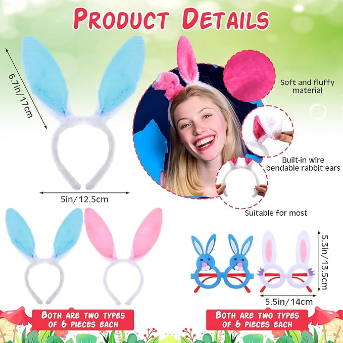 48 Pcs Easter Headbands and Glasses Set, Bunny Ears Bulk with Cute Bunny Glasses, Plush Spring Costume for Adults Easter Photo Props Party Favors