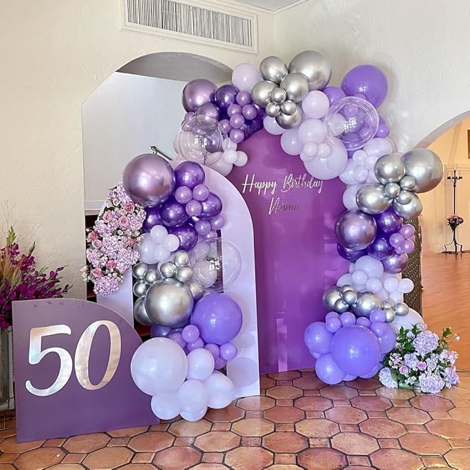 150Pcs Purple Balloons Garland Arch Kit - 5 10 12 18 inch Lavender Pastel Metallic Purple Confetti Balloons Silver White Latex Balloon for Girl Birthday Baby Shower Princess Party Decorations