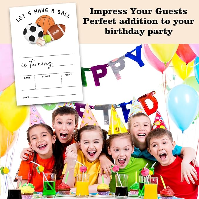 Ball Sports Birthday Party Invitation Cards For Girls Boys Kids, Sports Birthday Party Supplies Favors, 20 Fill-In Invitation Cards with Envelopes -21