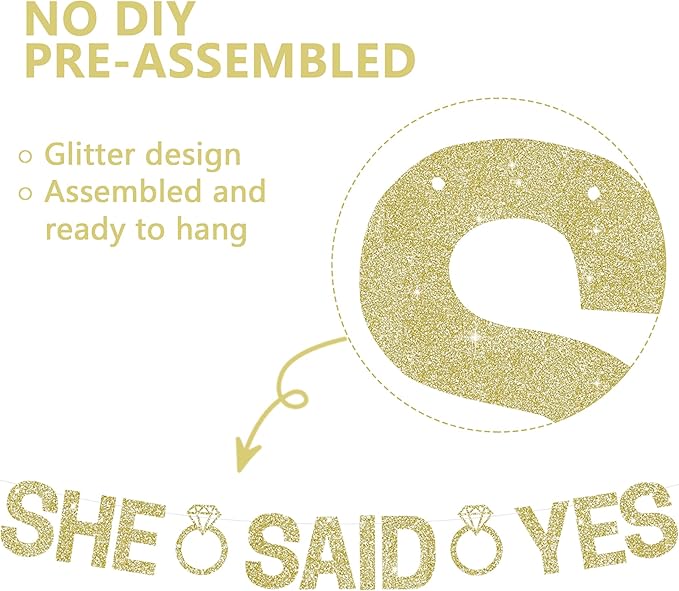 Glitter Champagne Gold She Said Yes Banner Pre-Strung Engagement Decorations Bridal Wedding Party Sign Valentine's Day Garland Bachelorette Party Decor,NO DIY