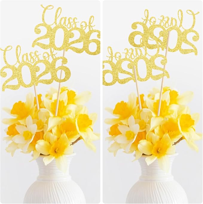 Graduation Decorations Class of 2026, 12 PCS Gold Double-Sided Graduation Centerpieces for Tables, Glitter Table Toppers, Grad Party Decorations