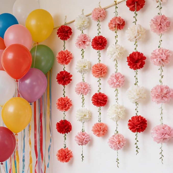 XIANNVXI Pink Tissue Paper Pom Pom Garlands Artificial Flowers Hanging Decorations 8.2ft Hanging Flowers Garland for Wedding Birthday Bridal Shower Party Spring Decorations 2PCS（Rose Pink Gradient）