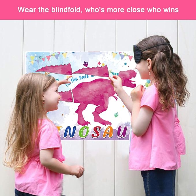 T-Antrix Pin The Tail on The Dinosaur Game -Dinosaur Party Games for Kids Girls with 21'' x 28'' Poster, Reusable Pink Tails Party Supplies for Kids Girls Birthday Party Favor Sets
