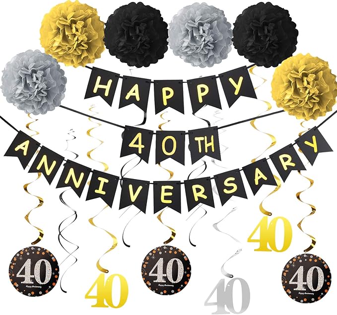 40th Anniversary Decorations Kit - 16 Pcs: 1 Happy Banner, 9 Sparkling 40 Hanging Swirls, 6 Poms - Wedding Party Supplies