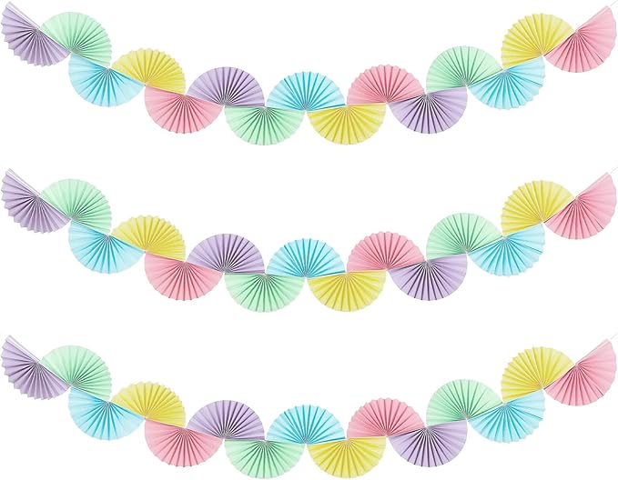 3 Pack Wedding Paper Fans Garland 15.6ft Colorful Background Ceiling Hanging Decorations Paper Garland Decorations Set for Birthday Party Supplies 3D Bachelorette Party Decorations (Pastel)
