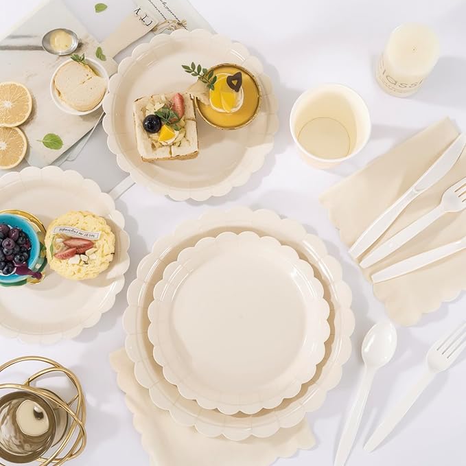 LIYH 350 Pcs Ivory Paper Plates and Napkins 50 Guest Cream Party Supplies Include Ivory Scalloped Disposable Paper Plates Cocktail Napkins Cups Spoons Forks Knives for Baby Shower,Birthday