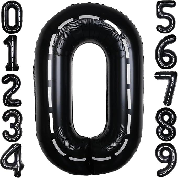 Race Car 40Inch Black 0 Balloon Number Large Helium Race Track 0-9 Giant Digital 0th Foil Mylar Big Party Number Balloons for Boy Birthday Car Theme Party Anniversary Graduation Decorations
