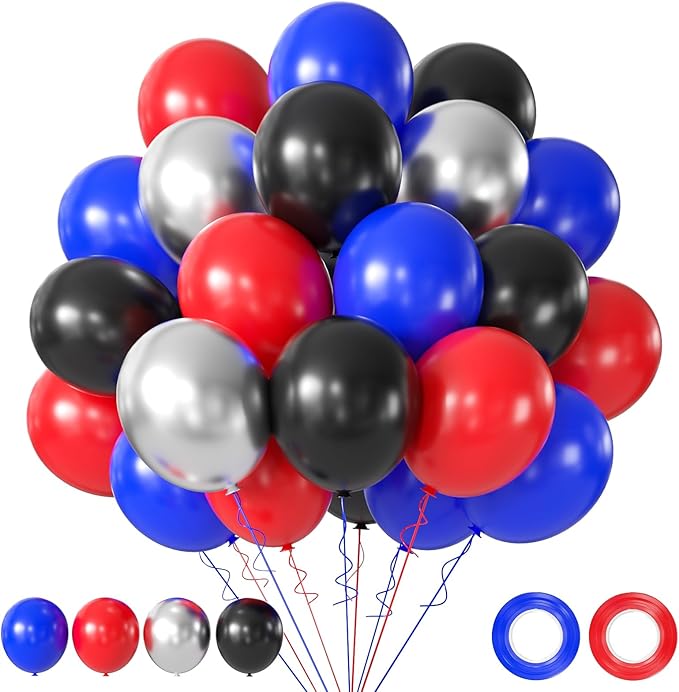Black Red and Blue Balloons, 50PCS Red and Blue Party Balloons, 12Inch Spider Theme Balloon Metallic Silver Black Red Blue Balloons for Boys Birthday Graduation Baby Shower Party Decorations