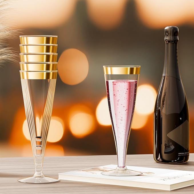100 Pack Plastic Champagne Flutes Gold Rim Disposable Wine Glasses, 4.5 Oz Mimosa Cocktail Toasting Cups Bulk for Women's Day Party Supplies Wedding Bar, Copas De Plastico Para Brindis