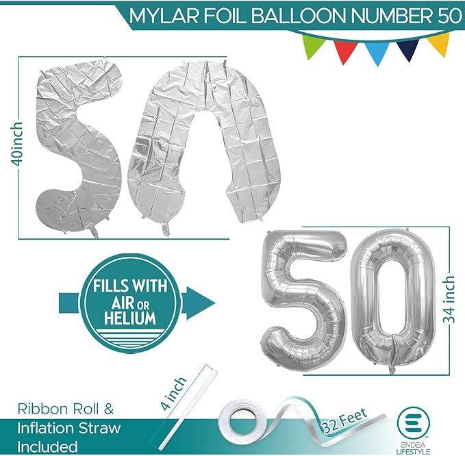 40 Inch Large Number Celebration and Decoration Balloon for Birthday Parties, Graduations, Anniversaries, Weddings, Photo Shoots, Special Events - Helium Foil Mylar (Silver Number 50)