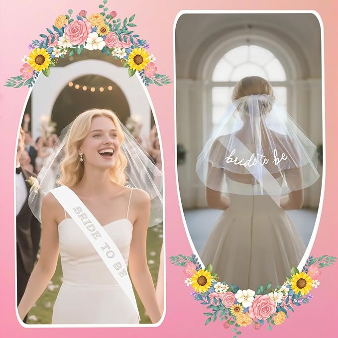 Bride To Be Sash Bridal Veil White for Bachelorette Party Decorations, Short Veil with Comb Pearl Satin Sash Set Bridal Shower Favors Gifts for Engagement Supply Bach Party Wedding Accessories