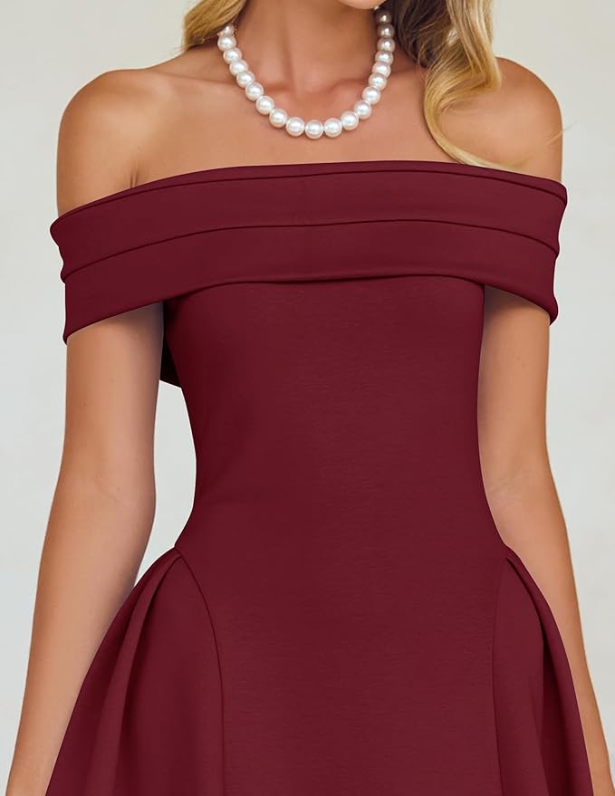 ZESICA Summer 2026 Cocktail Dresses for Women's Off Shoulder Short Sleeve Swing A Line Wedding Evening Party Midi Dress
