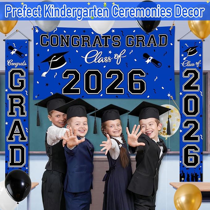 WOHOHOHO 23Pcs Graduation Decorations 2026 Set, Blue Porch Door Sign GRAD Banner, Class of 2026 Backdrop, 5 Colors Large Balloons, Hanging Party Supplies for High School College Indoor Outdoor Decor