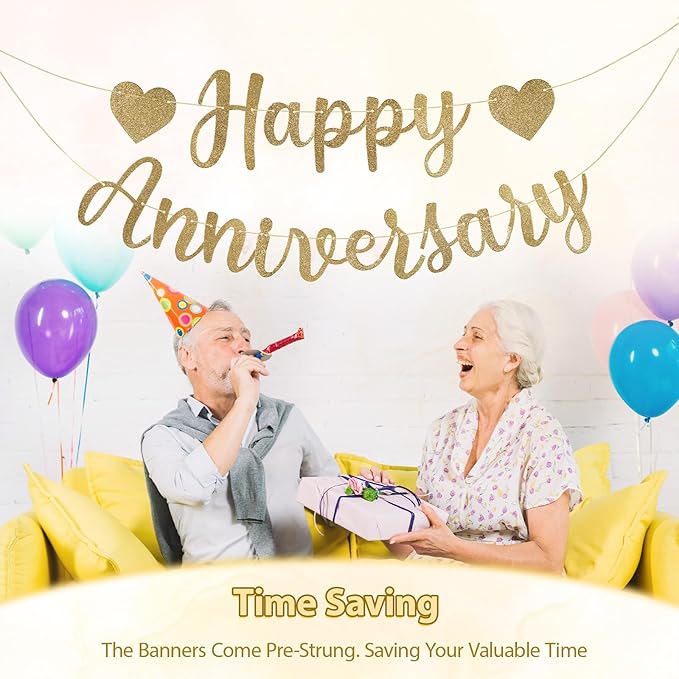 Happy Anniversary Banner, Glitter Happy Anniversary Decorations No DIY Anniversarys Decor Gold Glitter Bannersfor Wedding Anniversarys Party Decorations