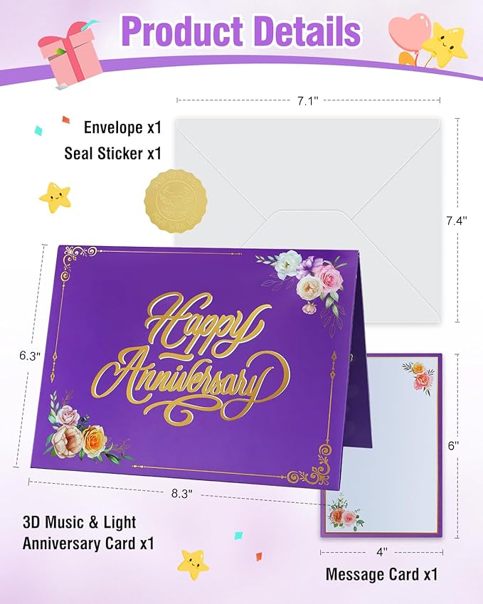 FaCraft Anniversary Card - 3D Pop Up Happy Anniversary Cards for Wife Husband, Music & Light Wedding Anniversary Card for Him Her, with Blank Insert Envelope and Seal (Roses Butterflies Theme)